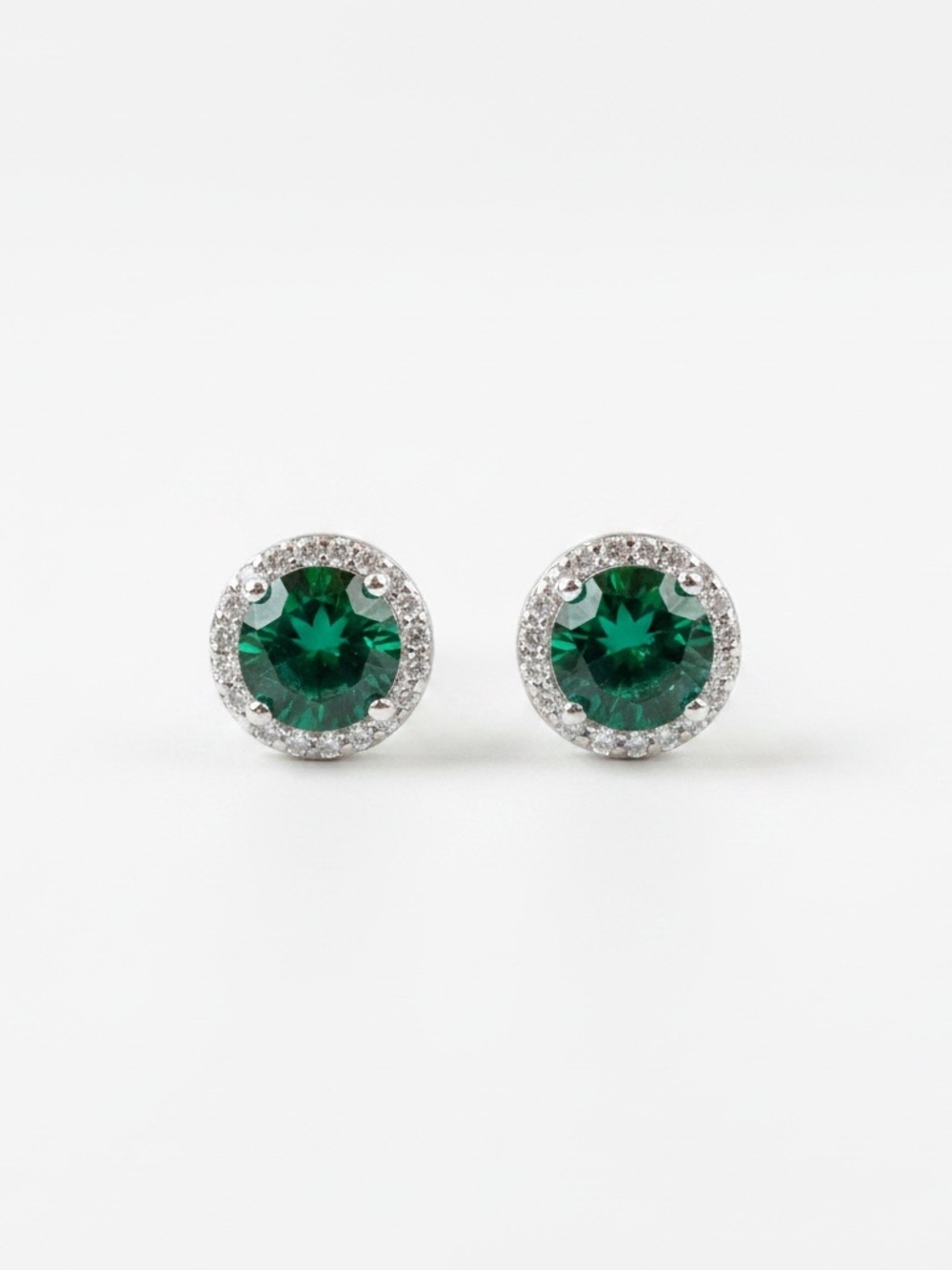 Emerald Green Halo Stud Earrings Sterling Silver